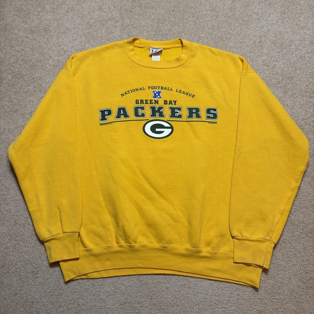 Vtg Green Bay Packers Crewneck Sweatshirt XL Yellow NFL Fleece Lee Sport 2001